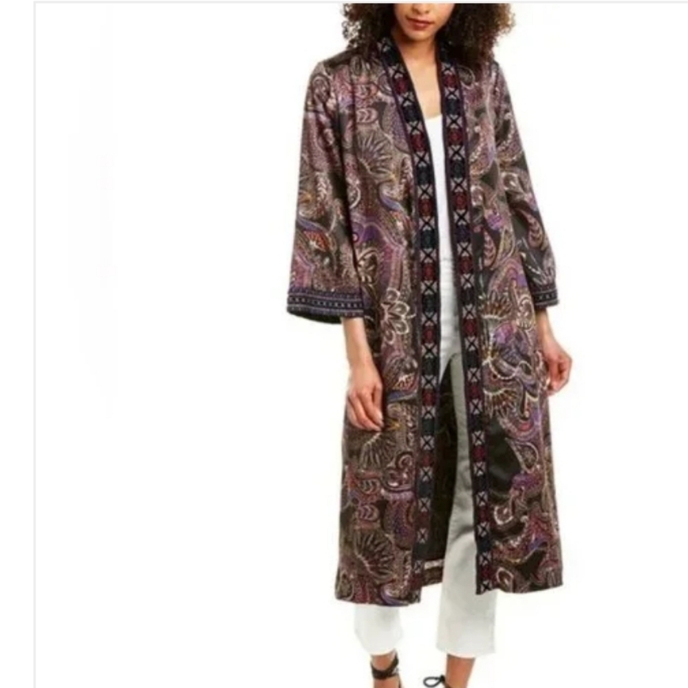 Johnny Was Long Paisley Embroidered Duster Coat in Black and Purple